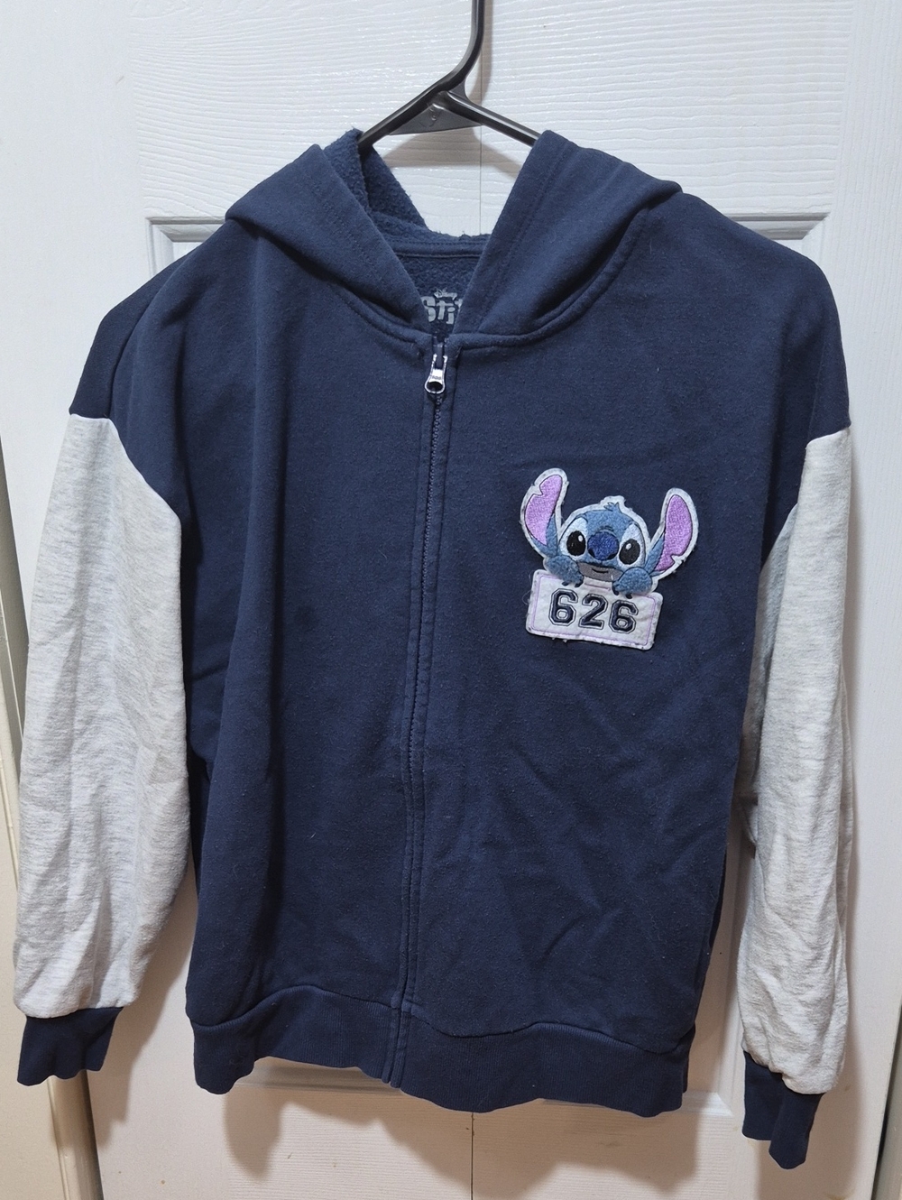 Disney Navy Blue Hoodie with Cream Sleeves and Stitch Patch